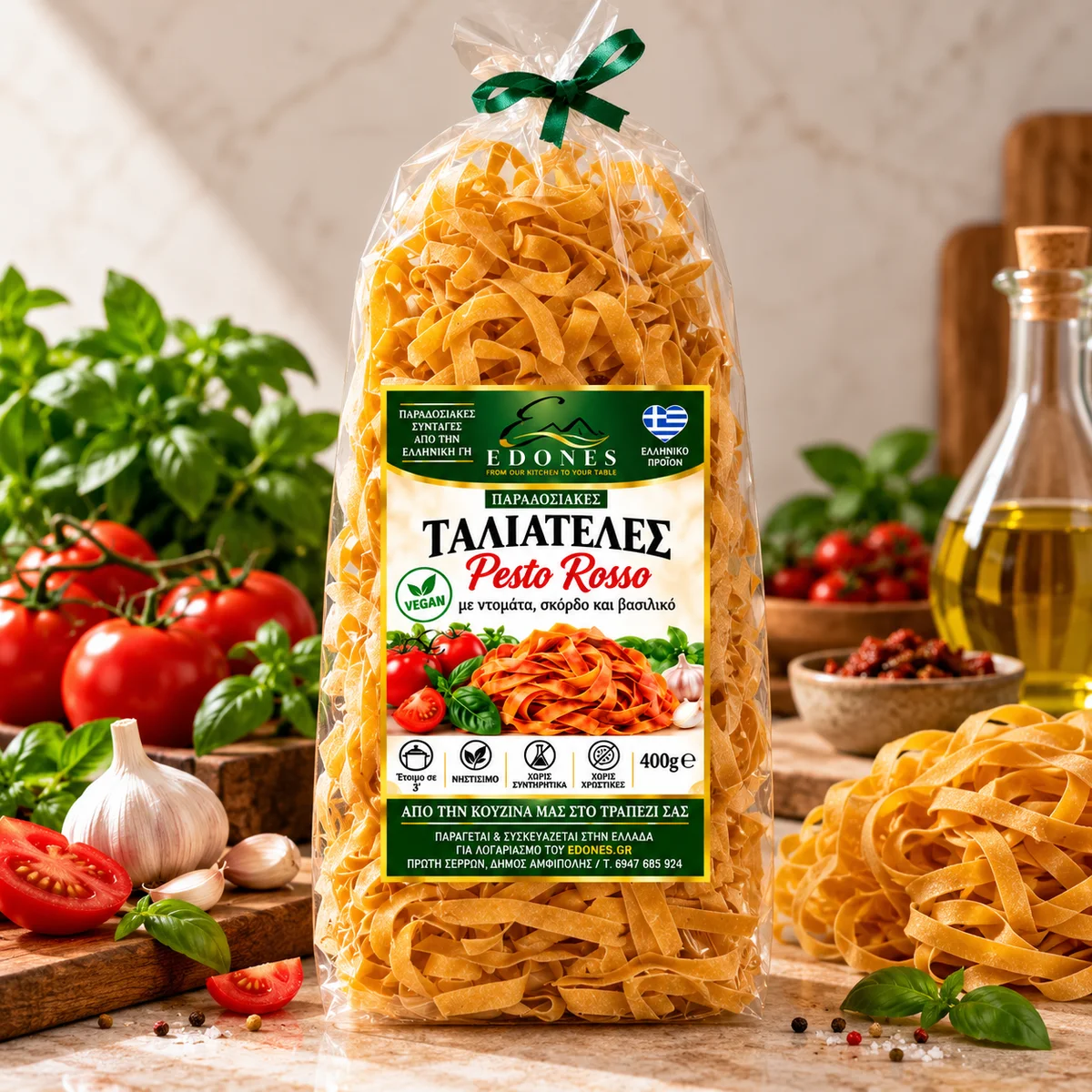 Ταλιατέλες Pesto Rosso με Ντομάτα, Σκόρδο & Βασιλικό | EDONES